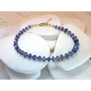 Natural Blue Kyanite Gold Fill Beaded Bracelet New 7"+